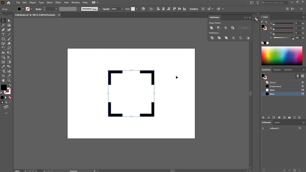 A square shape subtracted from four black squares in Adobe Illustrator