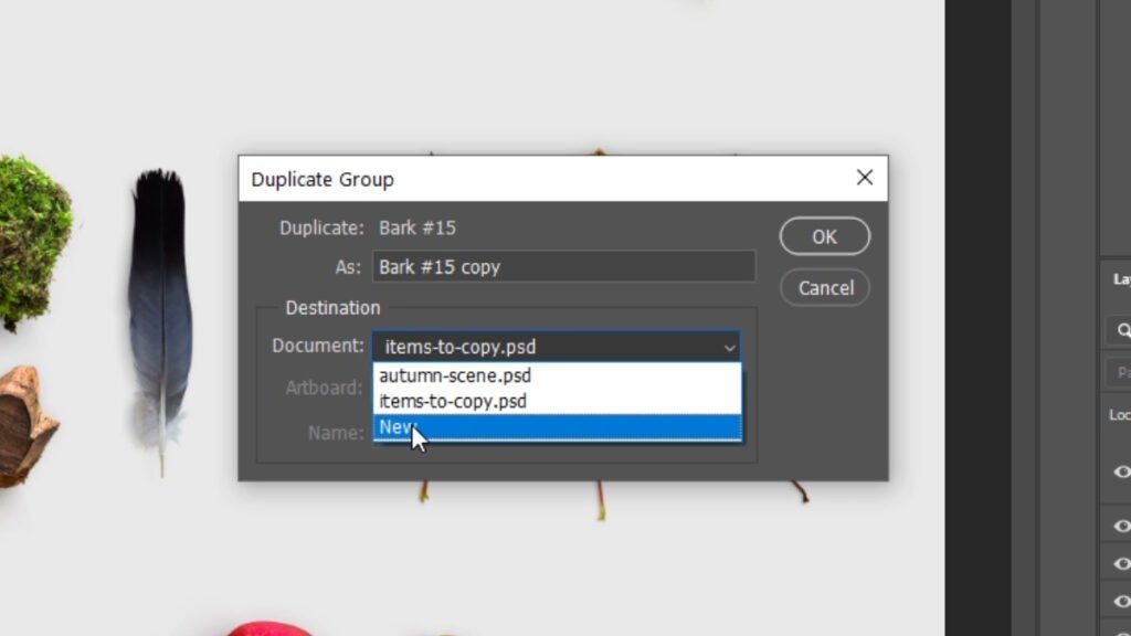 Creating a new document as the destination of a duplicate layer in Photoshop