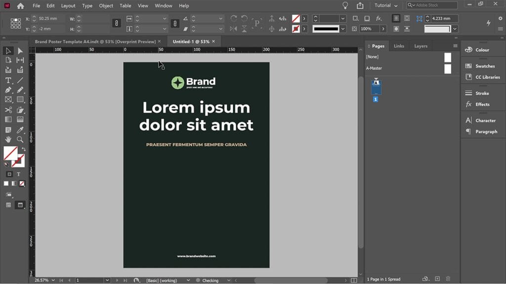 A new, untitled document created by a template file in Adobe InDesign